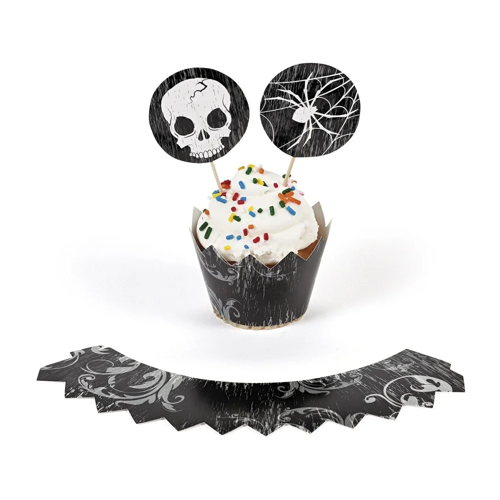 50 Halloween Cupcake Toppers + Wrappers Set Skull Spider Web Gothic Party Decor